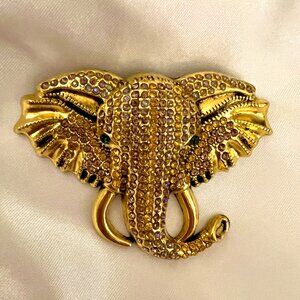 🧷Vintage Elephant Brooch - Gold-Tone Metal With Crystals, Gold Details & Enamel